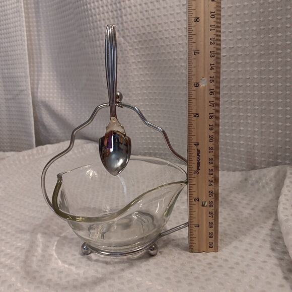 Sheffield England MCM Condiment Glass Bowl & Spoon on Caddy Silver Plate VTG - Picture 10 of 11